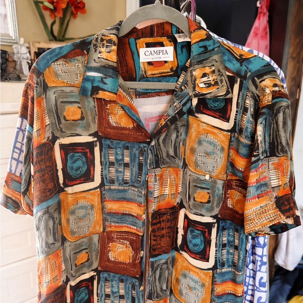 Vintage Campia Pure Silk Shirt – Abstract Art Print – Men’s M